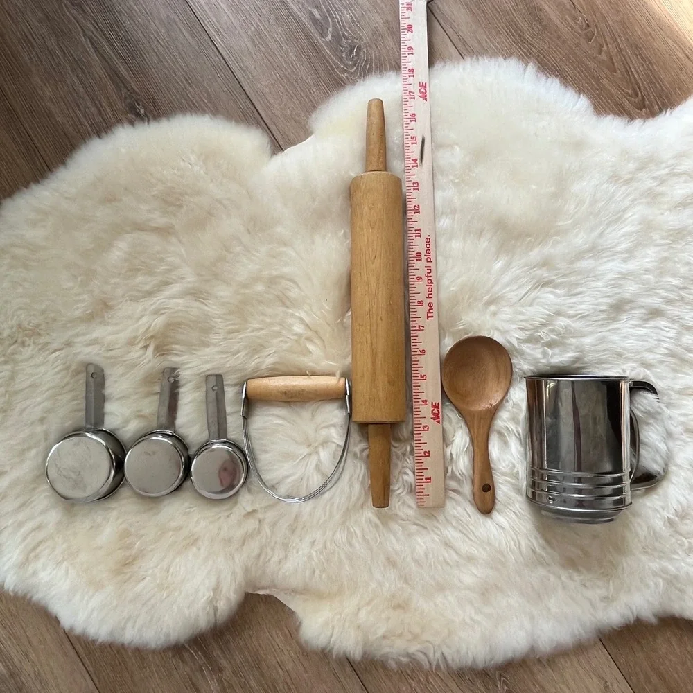 Vintage Baking Utensil Lot 5pc Wooden Rolling Pin Pastry Blender Flour Sifter